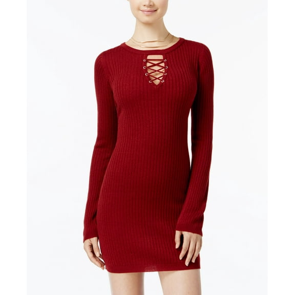 Planet Gold Juniors Ribbed Lace Up Sweater Dress Rhubarb XL