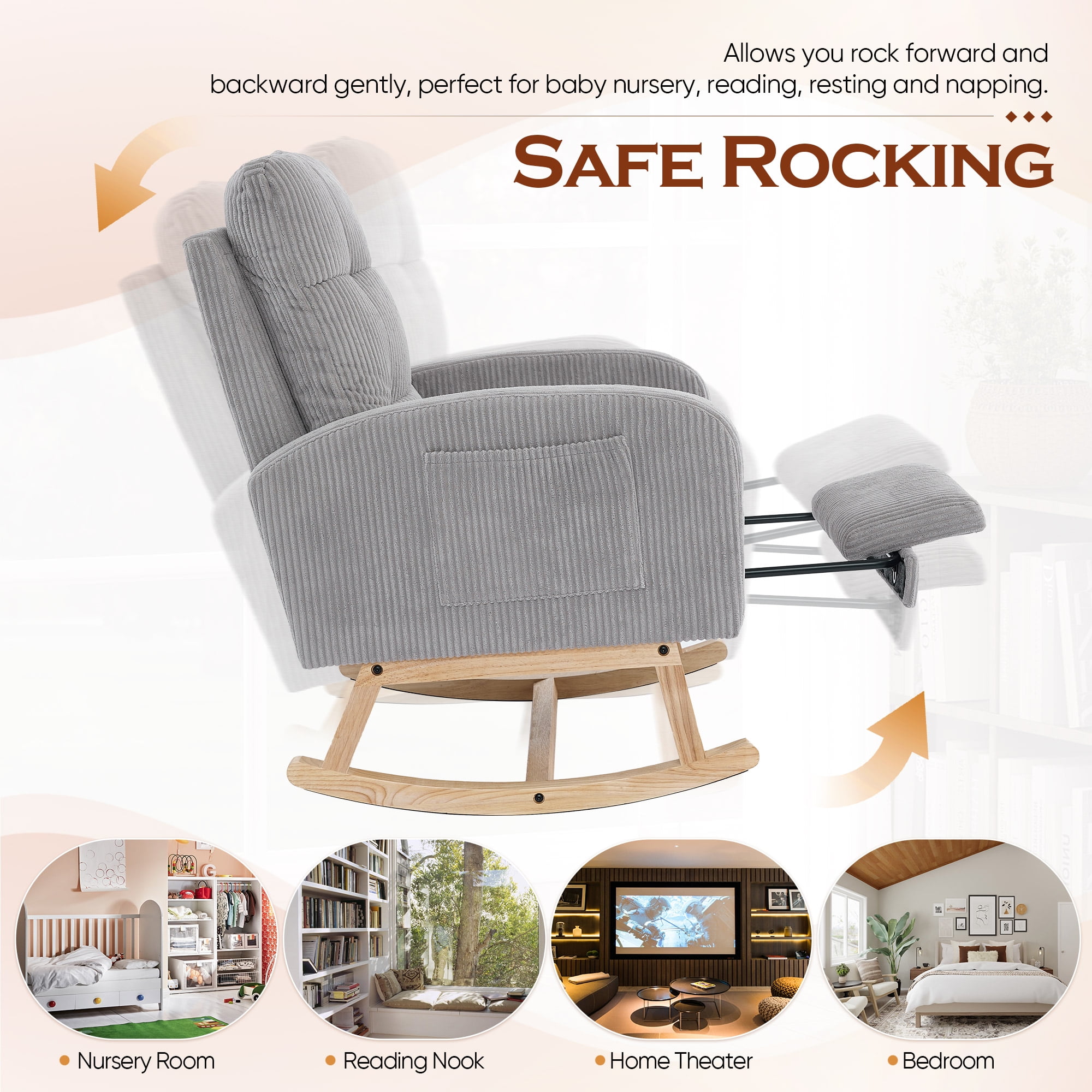 FFH Rocking Chair with Footrest, Rocking Chair for Nursey, Corduroy Armchair with High Backrest and Side Pockets, Accent Chair for Living Room, Bedroom, Gray