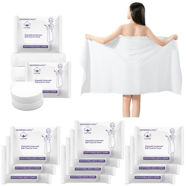 Paquete de 10 toallas de baño desechables de algodón comprimido ReverseClock, 140 x 70 cm