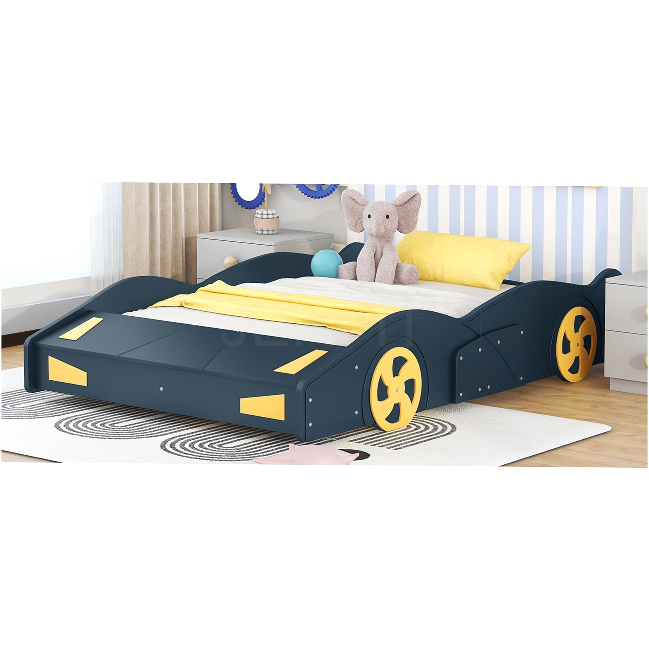 JERFIT Full Size Race Car Platform Bed with Storage, Dark Blue Wood Bed Frame with Wheels, No Box Spring Needed