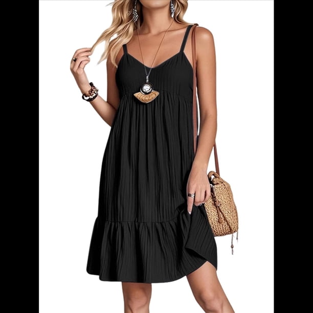 Vestido de Verano para Mujer 2025, Sin Mangas, con Tirantes Finos y Cuello en V, Informal, Estilo Swing. Negro L