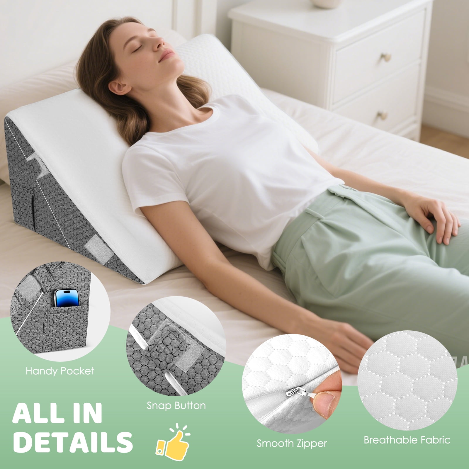 AMTPM Adjustable Wedge Pillow, 2 Heights (9" & 12") Cooling Gel Memory Foam Wedge Pillow Set with Roll Pillow for Acid Reflux, Snoring, Back Pain Relief