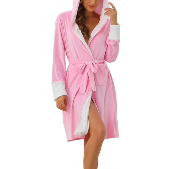 INSPIRE CHIC Women's Fluffy Hooded Bathrobe Plush Long Spa Robe M Pink