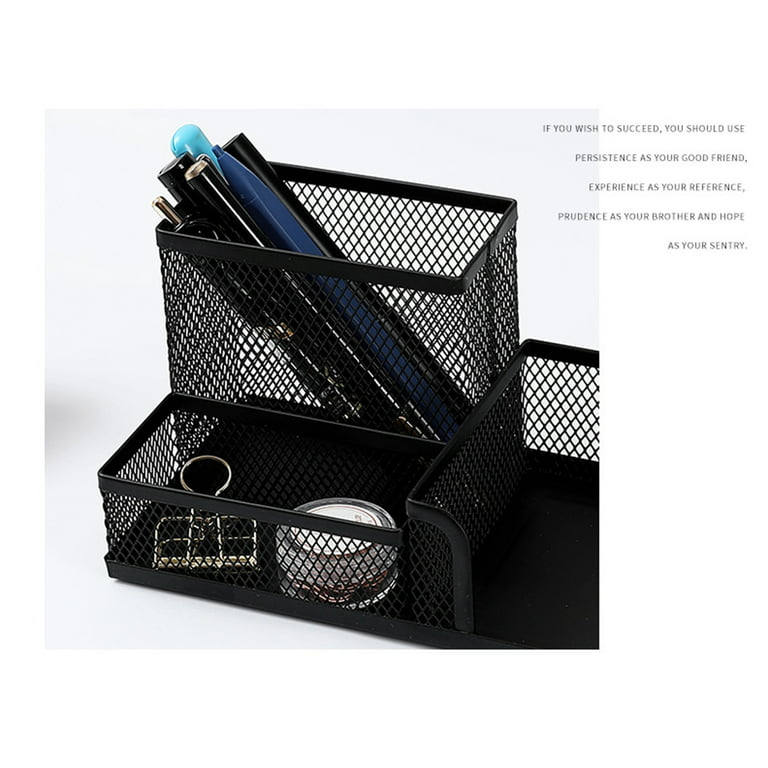 Deli Mesh Desk Organizer Office Supplies with Pencil Holder and Storage  Baskets, 3 Compartments, Black
