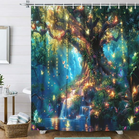 Fantasy Forest Shower Curtain, Fairy Magical Enchanted Jungle Waterfall Mushroom Tree Butterfly Art Shower Curtain, Nature Plant Botanical Aesthetic Shower Curtain for Bathroom with Hooks, 70X70IN
