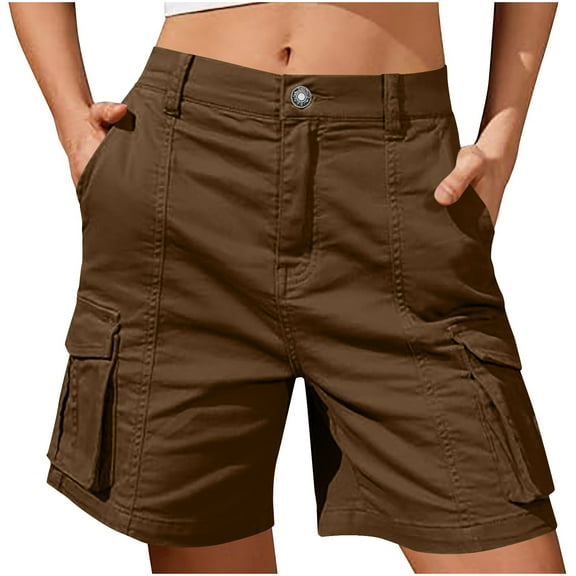 Zedker Womens Cargo Hiking Shorts Elastic Waist Knee Length Summer Outdoor Waterproof with Pockets Brown Plus L