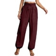 thumbnail image 2 of Casual Pants for Women 2026 Spring Fall Cotton Linen Elastic High Waist Drawstring Straight Leg Pants with Pockets, 2 of 5
