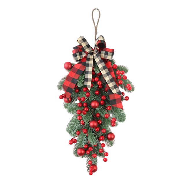 Árbol de Navidad al revés con bola roja galvanizada, lazo de cinta a cuadros, decoración navideña para colgar en la ventana, decoración navideña para el hogar