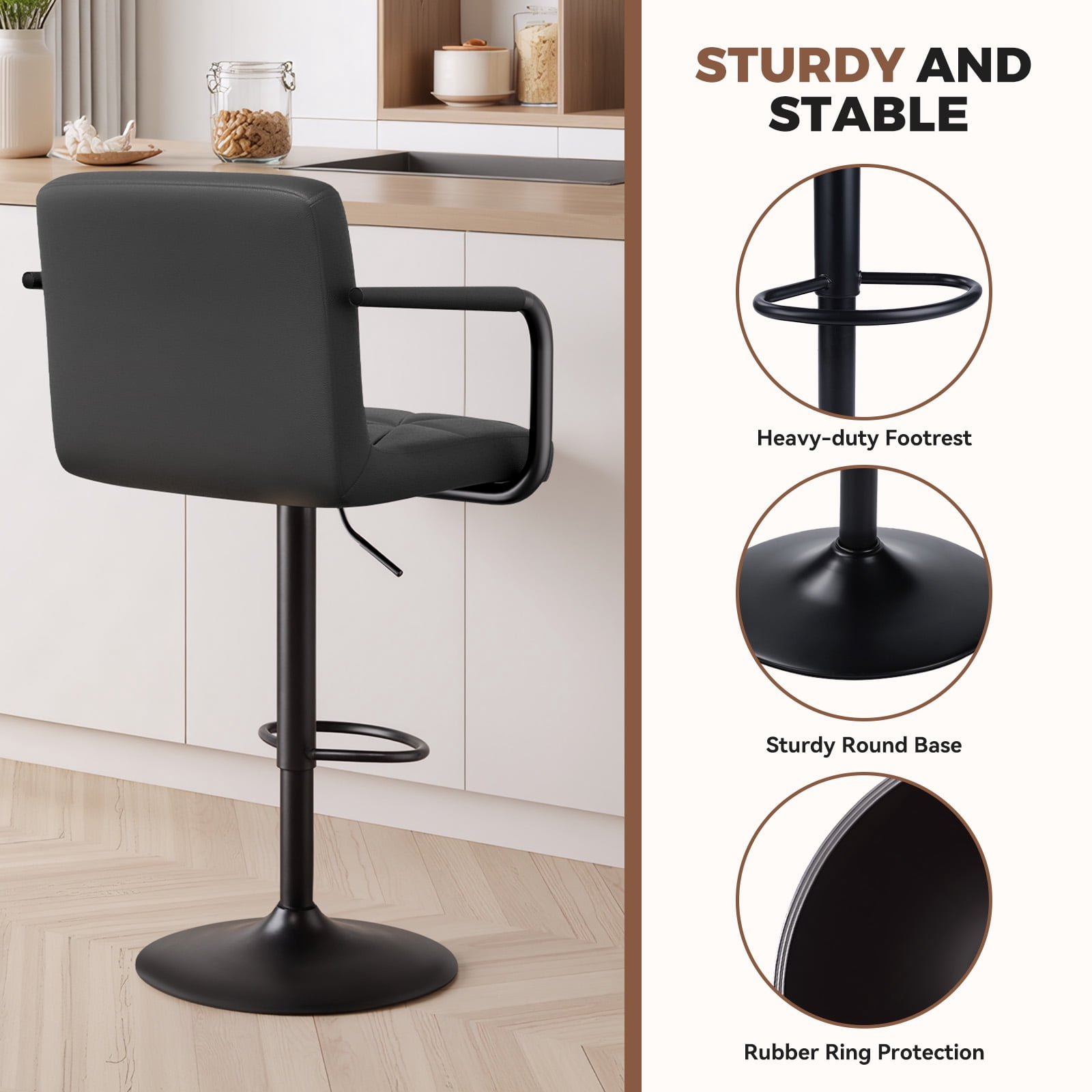 Daluvenix Bar Stools Set of 2， PU Leather Adjustable Swivel Barstools，Hydraulic Counter Height Bar Chairs with Armrest Back for Kitchen Island，Black