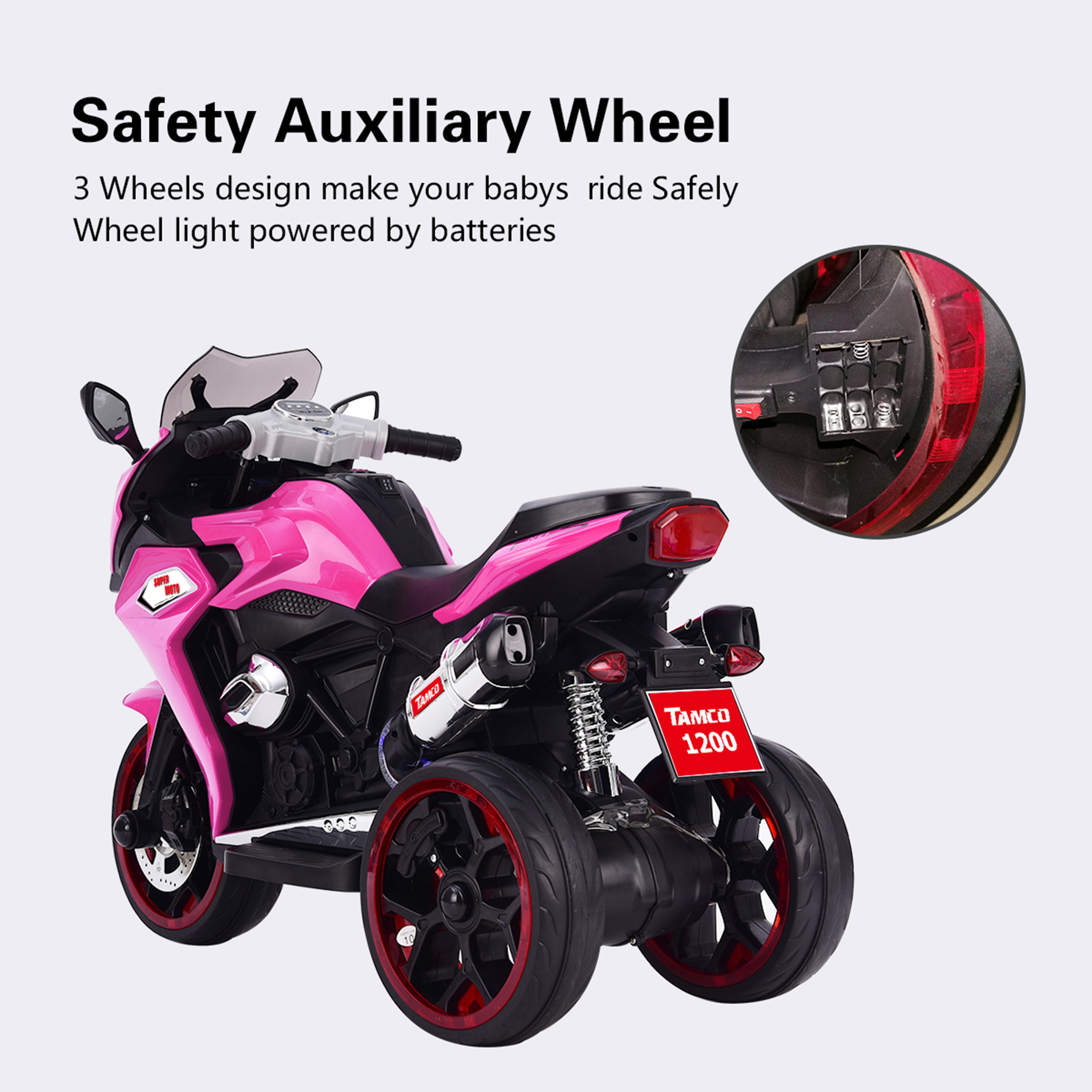 Kids Motorcycle, 12V Battery Powered, with LED Lights, Ages 3-6
