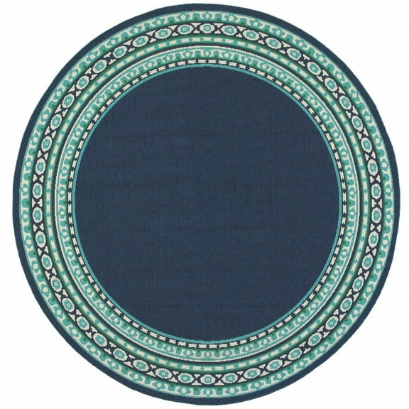 8â€™ Round Navy and Green Geometric Indoor Outdoor Area Rug