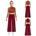 thumbnail image 3 of Aislor Girls 2 Piece Dance Outfits Sparkly Sequin Rhinestone Crop Top with Split Sides Flowy Pants Set Burgundy 8, 3 of 7