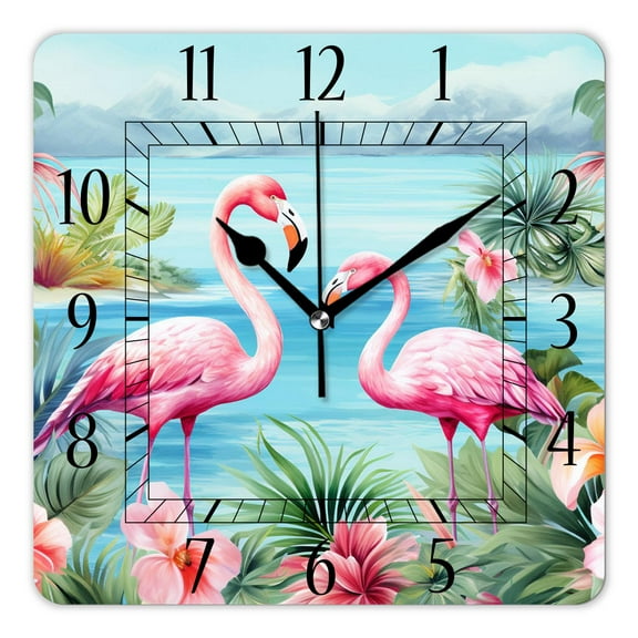 12 Inch Wall Clock Battery Operated Square Clock Decorative for Office, Kitchen, Outdoor, Living Room，Exotic Flamingo and Hummingbird Painting