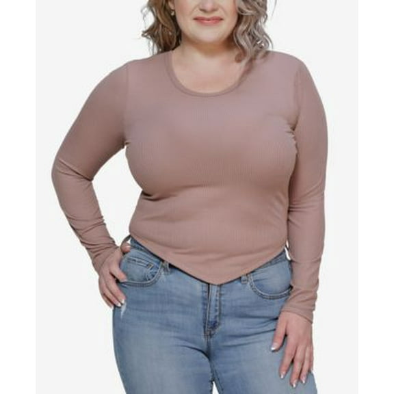 MSRP $29 Just Polly Trendy Plus Size V-Hem Ribbed Top Coco Beige Size1X