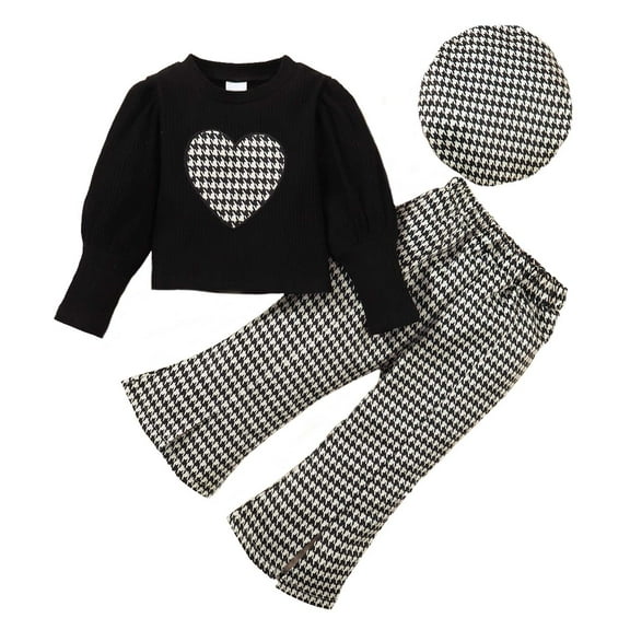 Kucnuzki 3T Toddler Girls Outfits 4T Toddler Girls Puff Sleeves Top Long Sleeves Top Heart Print Sweatshirt Plaid Flared Pants with Hat 3pcs Pant Sets Black