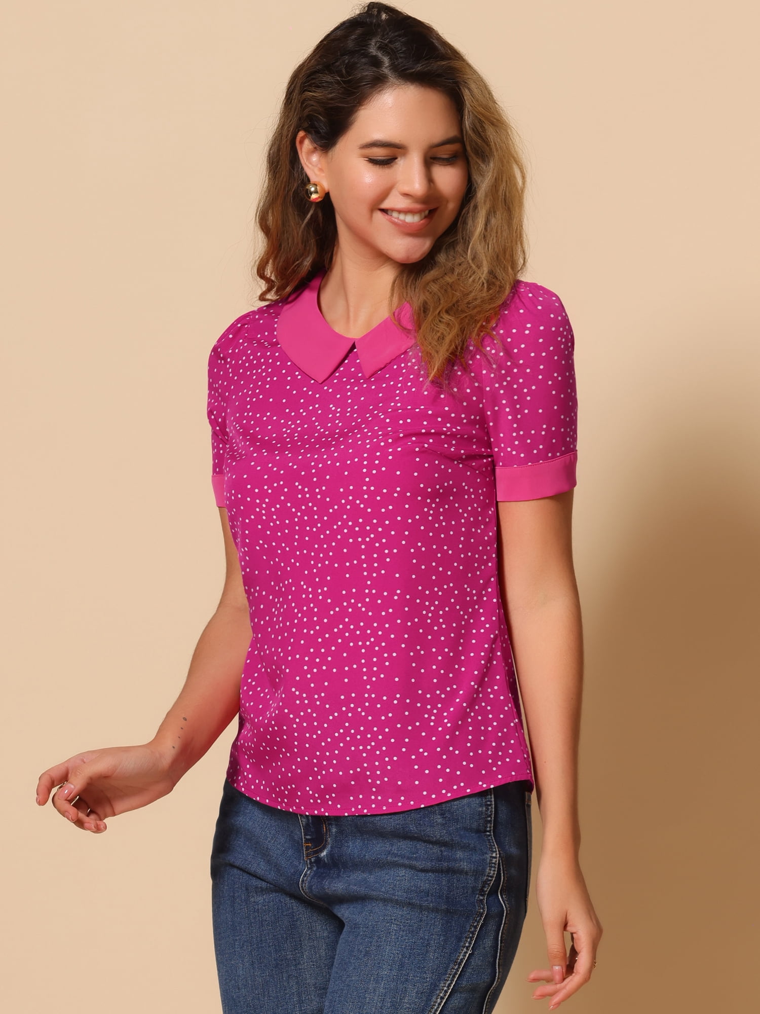 DARING DIVA Women's Peter Pan Collar Polka Dots Short Sleeve Tops XS Hot Pink