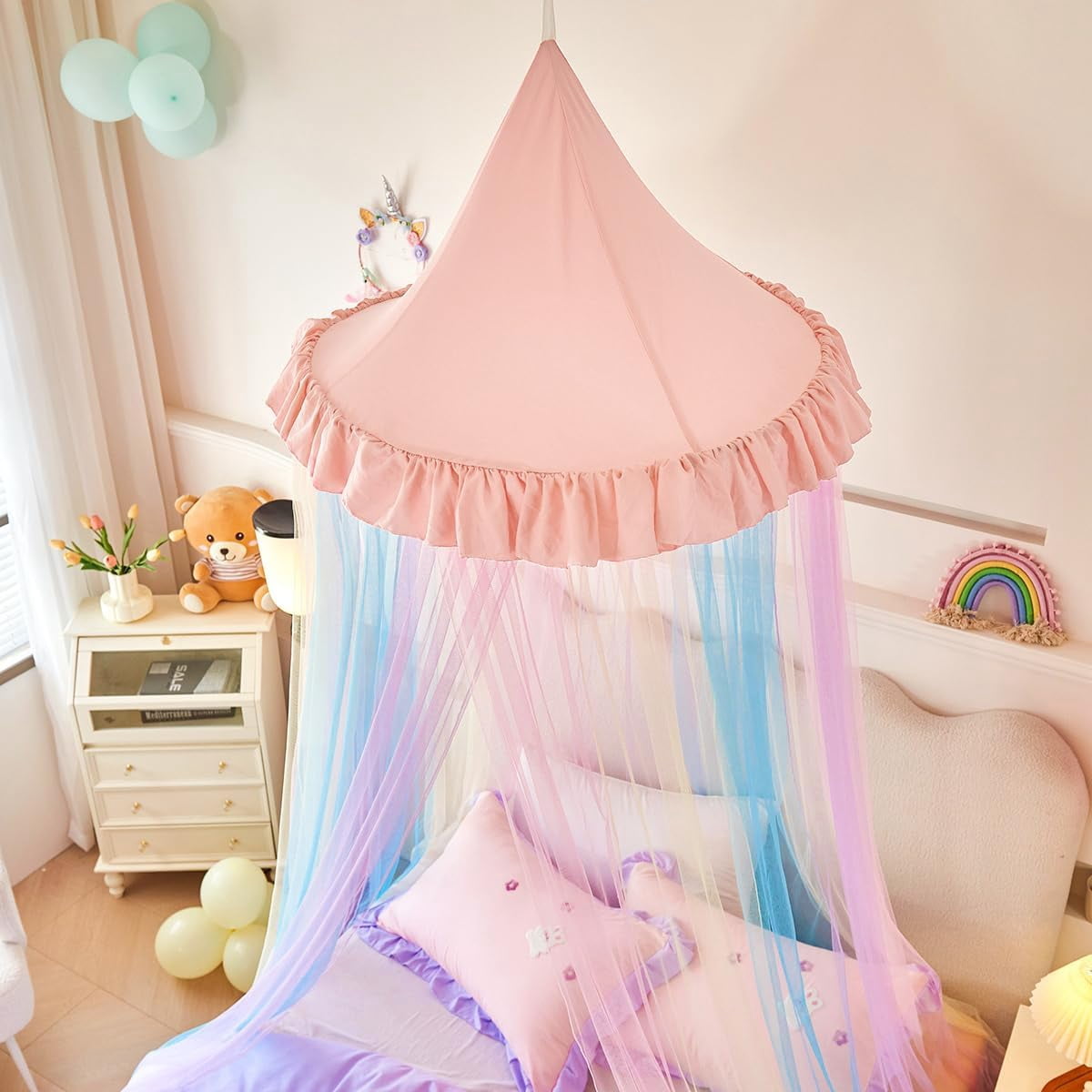 Rainbow Bed Canopy for Girls Dreamy Mosquito Net for Bed Round Dome Princess Bed Canopy Girl Room Play Tent Kids Canopy Bed Netting Curtains (Single Layer- Pink)