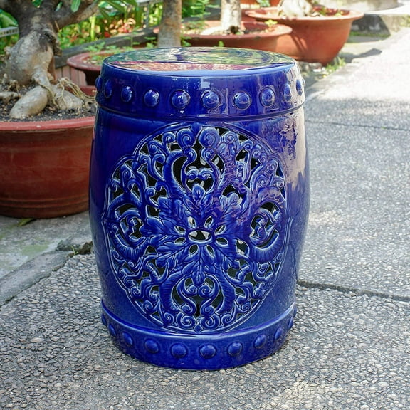 Maykoosh Tribal Treasures Garden Stool in Solid Ceramic Build with Striking Design and Navy Color, Durable and Stylish Accent Piece Ideal for Adding an Exotic Touch to Any Garden or Outdoor Space