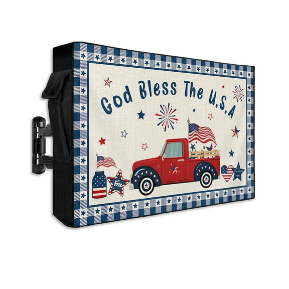 4th of July Outdoor TV Cover 48 to 50 Inch Weatherproof, Independence Day Truck American Star Blue Plaid 600D Oxford TV Covers with Waterproof Zipper, Outside Flat TV Screen Protector 48"Wx30"Hx4.5"D