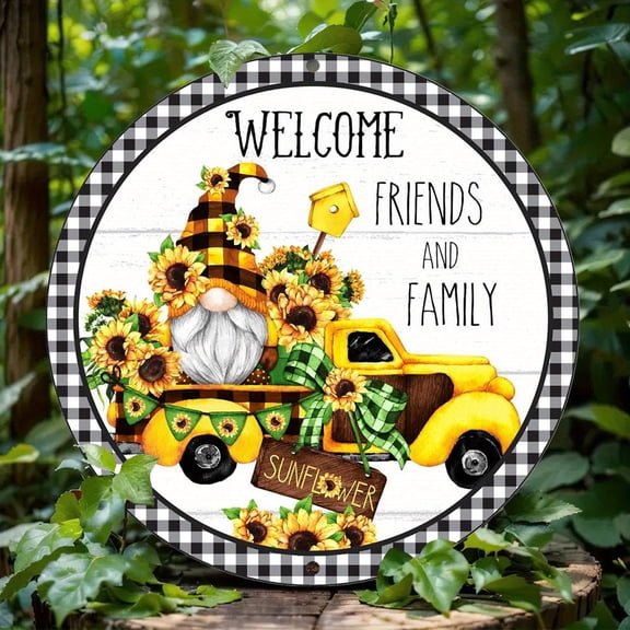 Sunflower Gnome Welcome Round Aluminum Sign - Rustic Farmhouse Yellow Vintage Truck Buffalo Plaid Porch Decor, 1pc, 8" Wall Art Metal Sign, For Porch, Gardene, Room, Home, Ideal Gift, 2D Flat