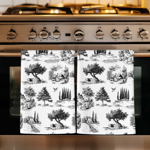 Farmhouse Country Kitchen Towels Set of 1, Black Vintage Trees Rustic French Garden Absorbent Dish Towels for Kitchen, Microfiber Hand Towel, Quick Drying Tea Towel for Cleaning Decorative Dishcloths