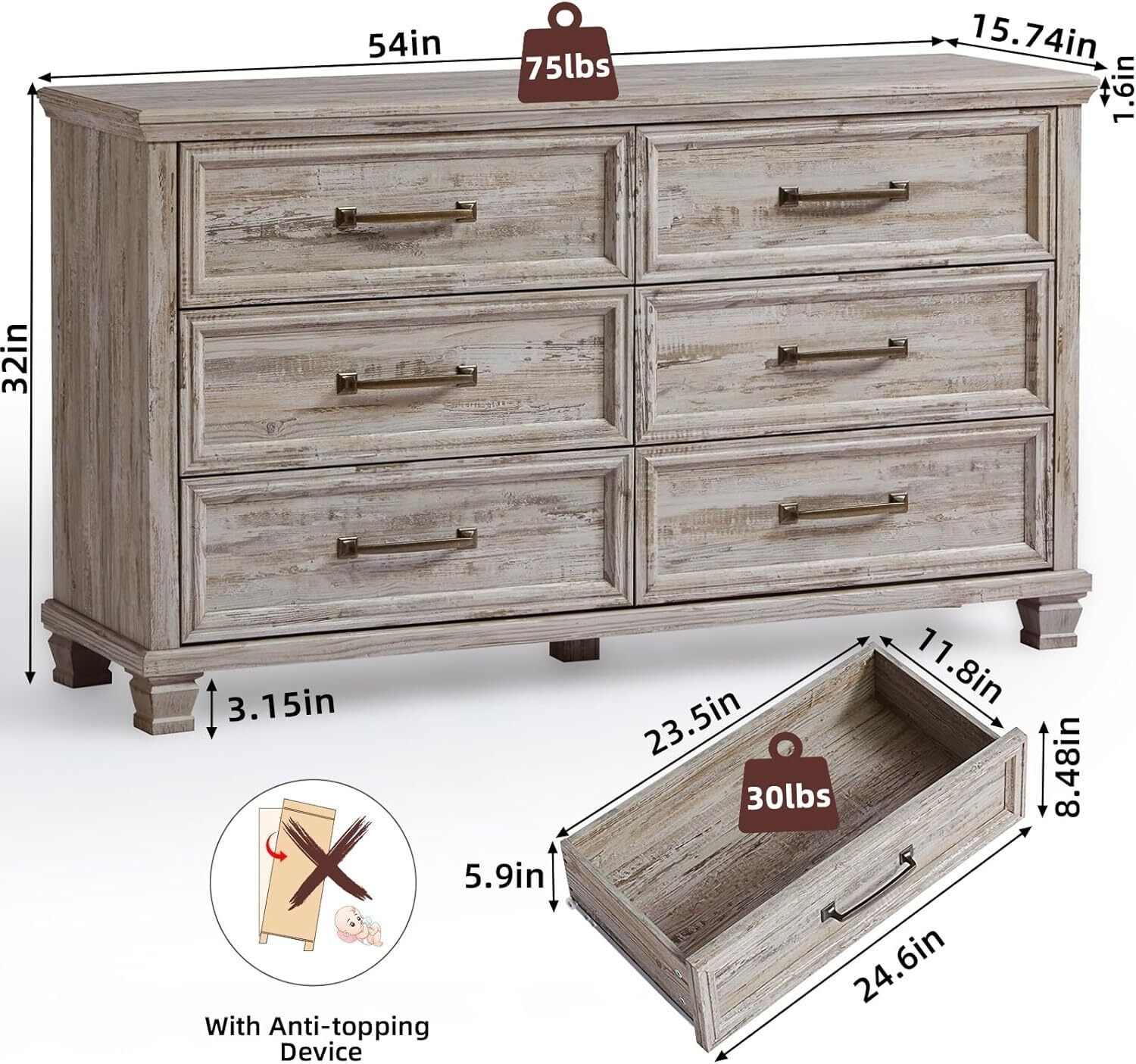 LELELINKY 6 Drawer Wood Dresser Furniture, Double Tier Storage Cabinet for Bedroom & Living Room, Grey Finish
