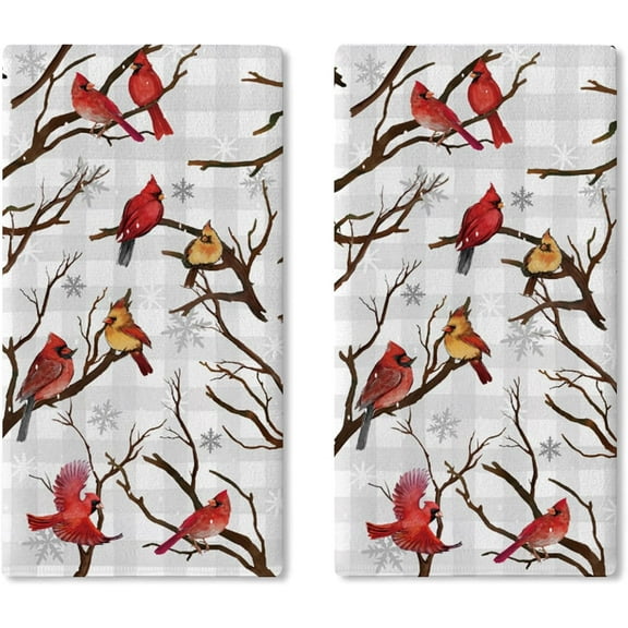 Winter Cardinal Kitchen Dish Towels Set of 2, Red Birds Branches Buffalo Plaid Drying Hand Towel Baking Cooking Cloth, Farmhouse Christmas Snowflake Bathroom Home Decoration 18'' x 26''