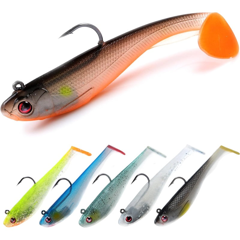 6-Pack Paddle Tail Swimbaits Pre-Rigged Soft Fishing Lures with Jig Heads Sinking Shad Lures for Bass Trout Pike Crappie Freshwater and Saltwater