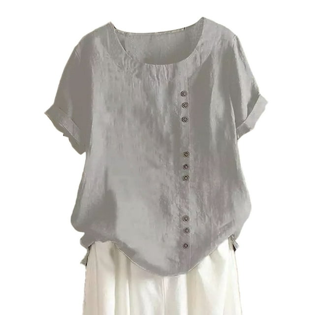 HUANBAI Women's Solid Color Round Neck Raglan Sleeve Hem Slit Loose Short Sleeve Button Decoration Casual Tops T Shirt