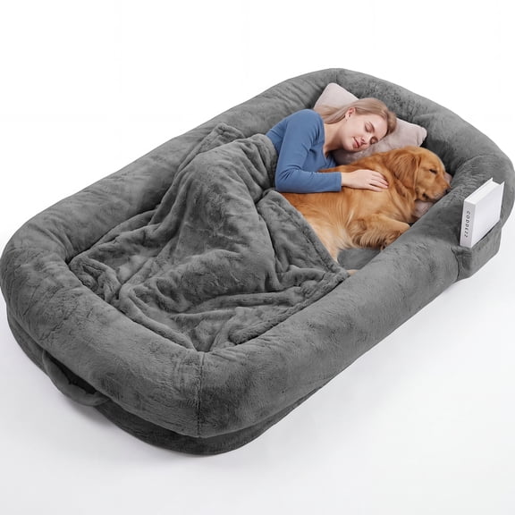 KROFEM Cozy Human Dog Rest Bed, 71"x43"x10" Orthopedic Memory Foam with Soft Bolster, Washable Plush Cover Non-Slip Base and Side Storage Pocket for Adults and Pets, Black, Light Grey