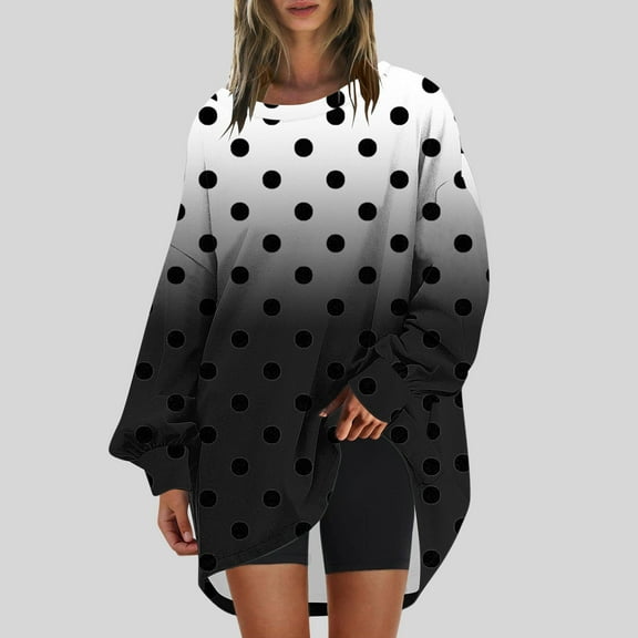 CLOISE Sweatshirt Women Polka Dots Oversized Sweatshirts Crew Neck Long Sleeve Hoodies Shirts Black Drop Shoulder Tops Fall Tunic Y2k Outfits XL