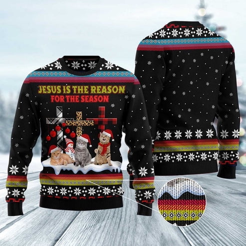 Cat Xmas Sweater, Jesus Is The Reason For The Season Cat 3D Christmas Sweater, Sweater Xmas