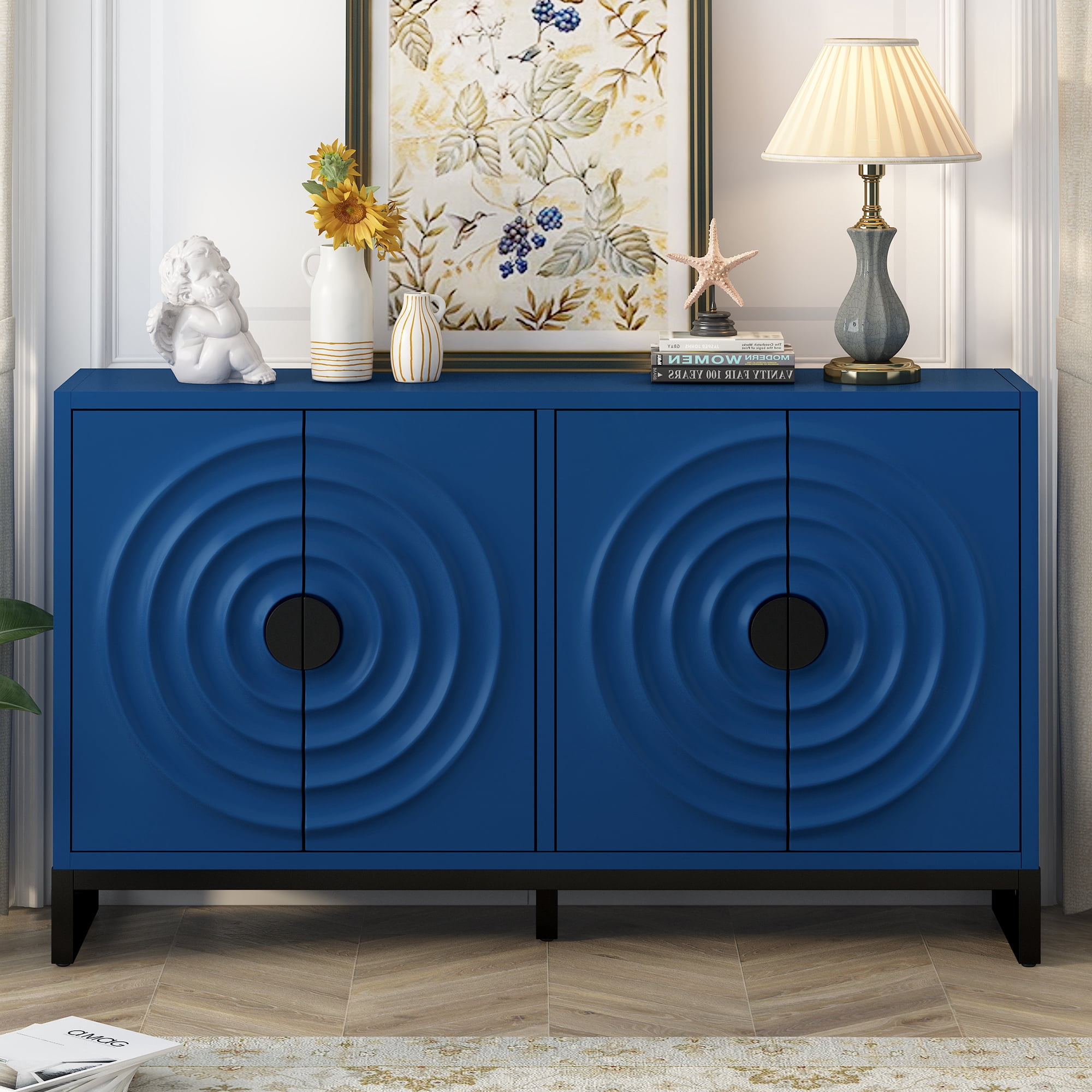 EUROCO 58.2" Sideboard Buffet Cabinet,Large Storage Cabinet with 4 Doors and Adjustable Shelves ,Wood Coffee Bar Cabinet for Entryway,Living Room and Study Room,Navy Blue
