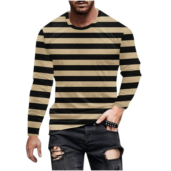 LIaqionyy Men's Striped Shirts Crewneck Casual Long Sleeve Basic T Shirt Color Block Tee Work Blouse Tops