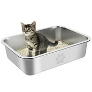 Ptlom Cat Litter Box with High Sides Large Stainless Steel Cat Litter Pan 15.7" x 11.8" x 3.9"