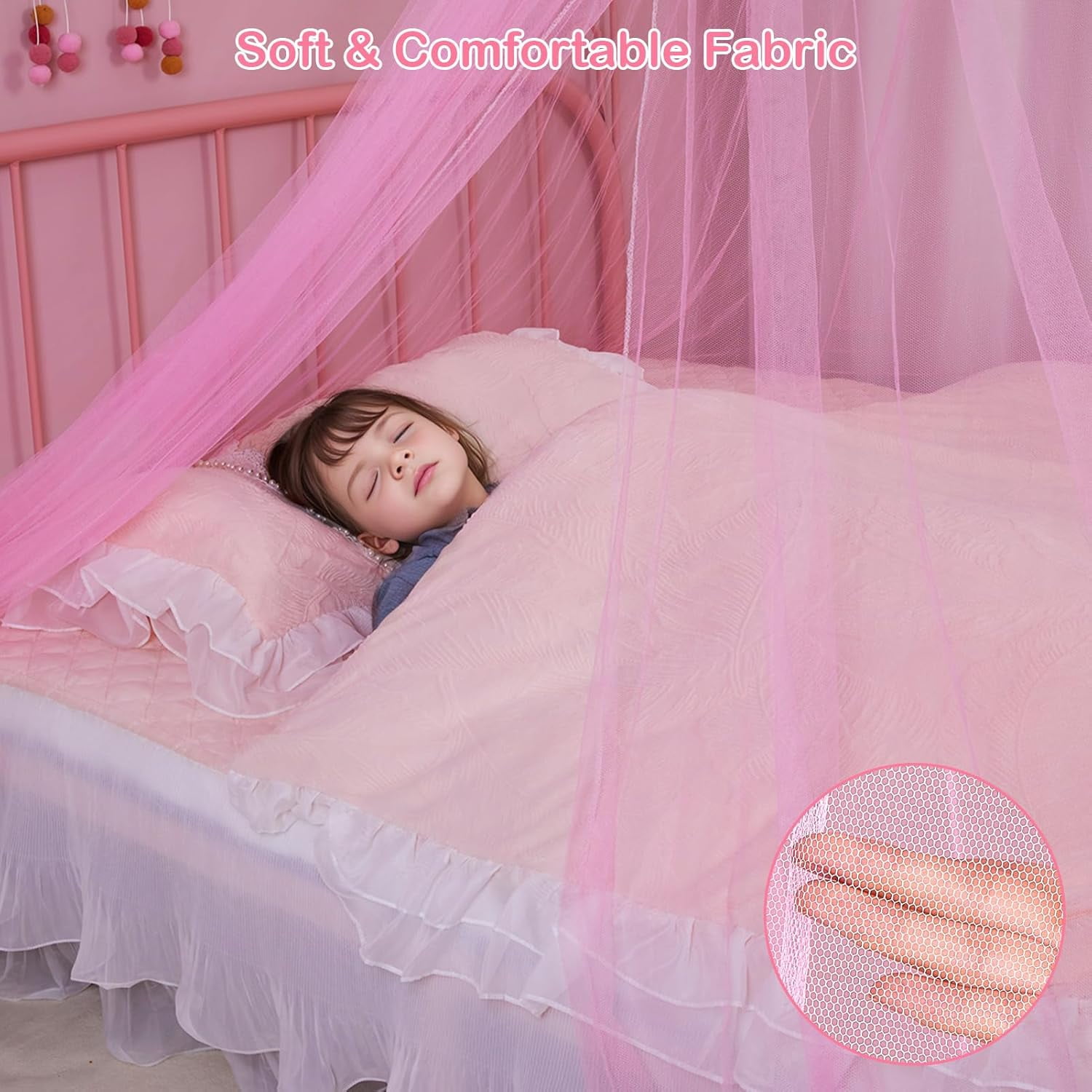 CAILDANL Bed Canopy for Girls Room Bed Canopy Curtains with Led Lights Mosquito Net DIY Princess Room Décor with Stars Butterflies for Kids Bedroom, Hot Pink