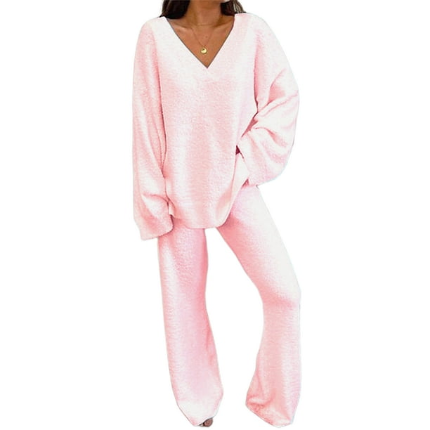 Solid Ribbed Lounge Set, Casual Long Sleeve V Neck Top & Pants, Women's  Loungewear & Sleepwear