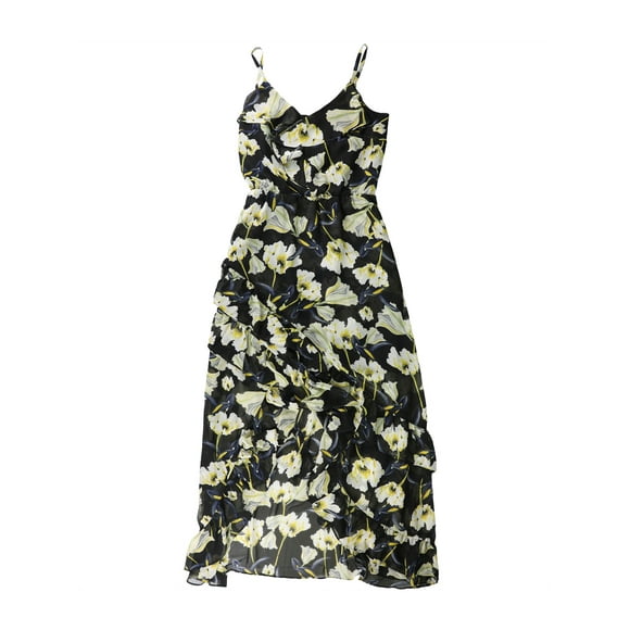 I-N-C Womens Floral High-Low Ruffled Dress black 12