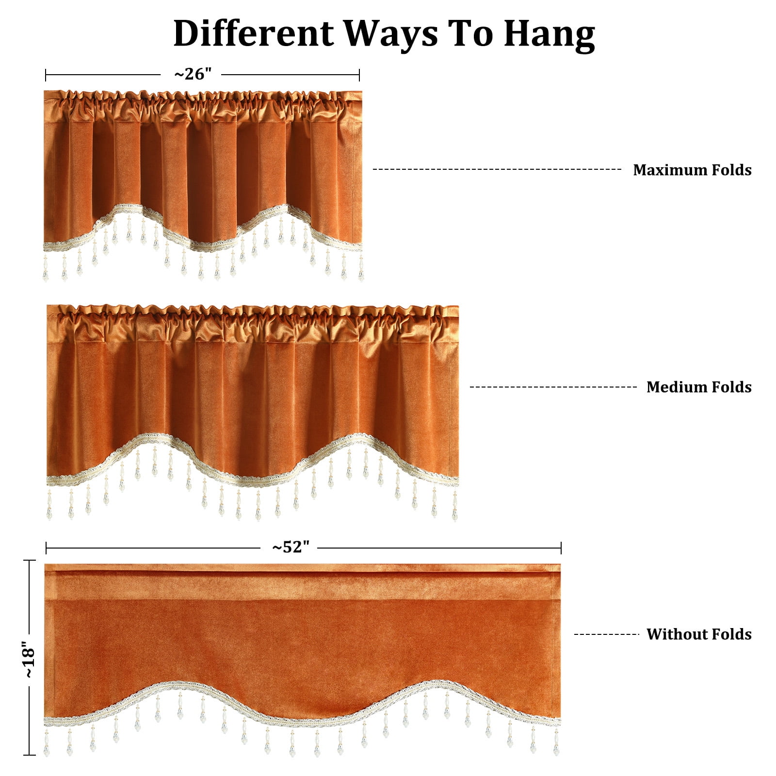 VOGOL Orange Velvet Scalloped Window Valance with Beaded Trim, Warm Curved Decorative Curtain Topper for Living Room Bedroom