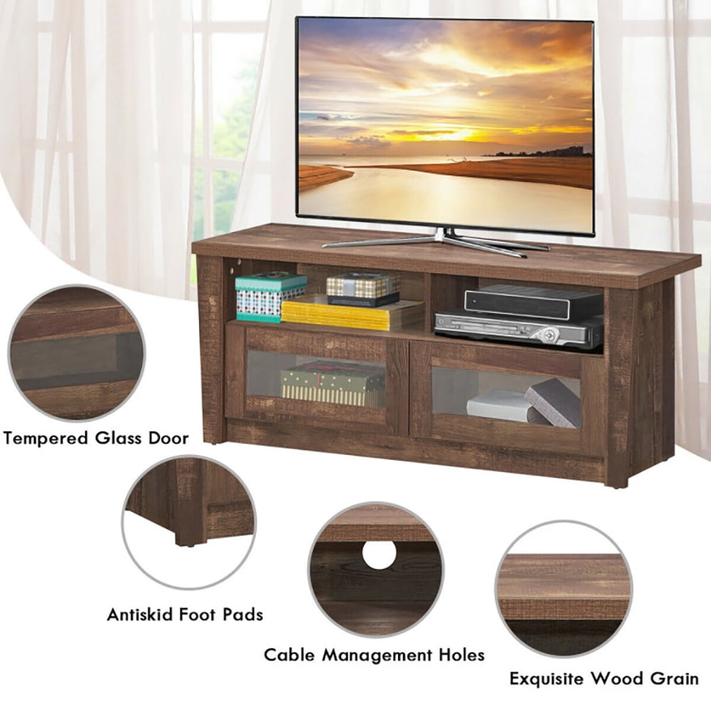 Finihen TV Stand, TV Cabinet, Wooden TV Stand with 2 Open Shelves and 2 Door Cabinets, Media Entertainment Center with Storage, for Living Room, Bedroom, Brown