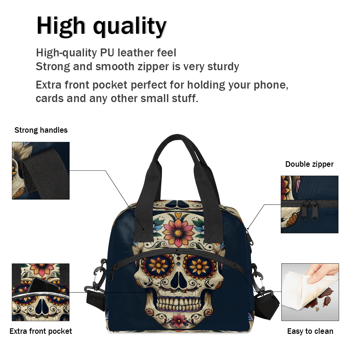 Herdesigns Day Of The Dead Skull With Floral Insulated Lunch Bag for Women Men Adults Large Reusable Lunch Box Leakproof Portable Cooler Tote Bags with Adjustable Shoulder Strap