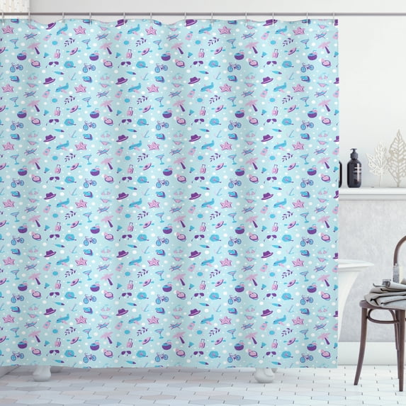 Flip Flop Shower Curtain, Summer Vacation Beach Icons Martini Cocktail Panama Hat Coconut, Fabric Bathroom Set with Hooks, 69W X 75L Inches Long, Aqua Purple and Pale Mauve, by Ambesonne
