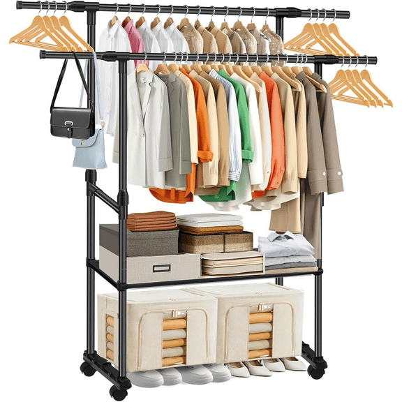 Meilimei Metal Clothing Rack with Wheels, Retractable Double Rod Garment Rack and 2-Tier Shelf, for Bedroom Laundry Living Room Storage
