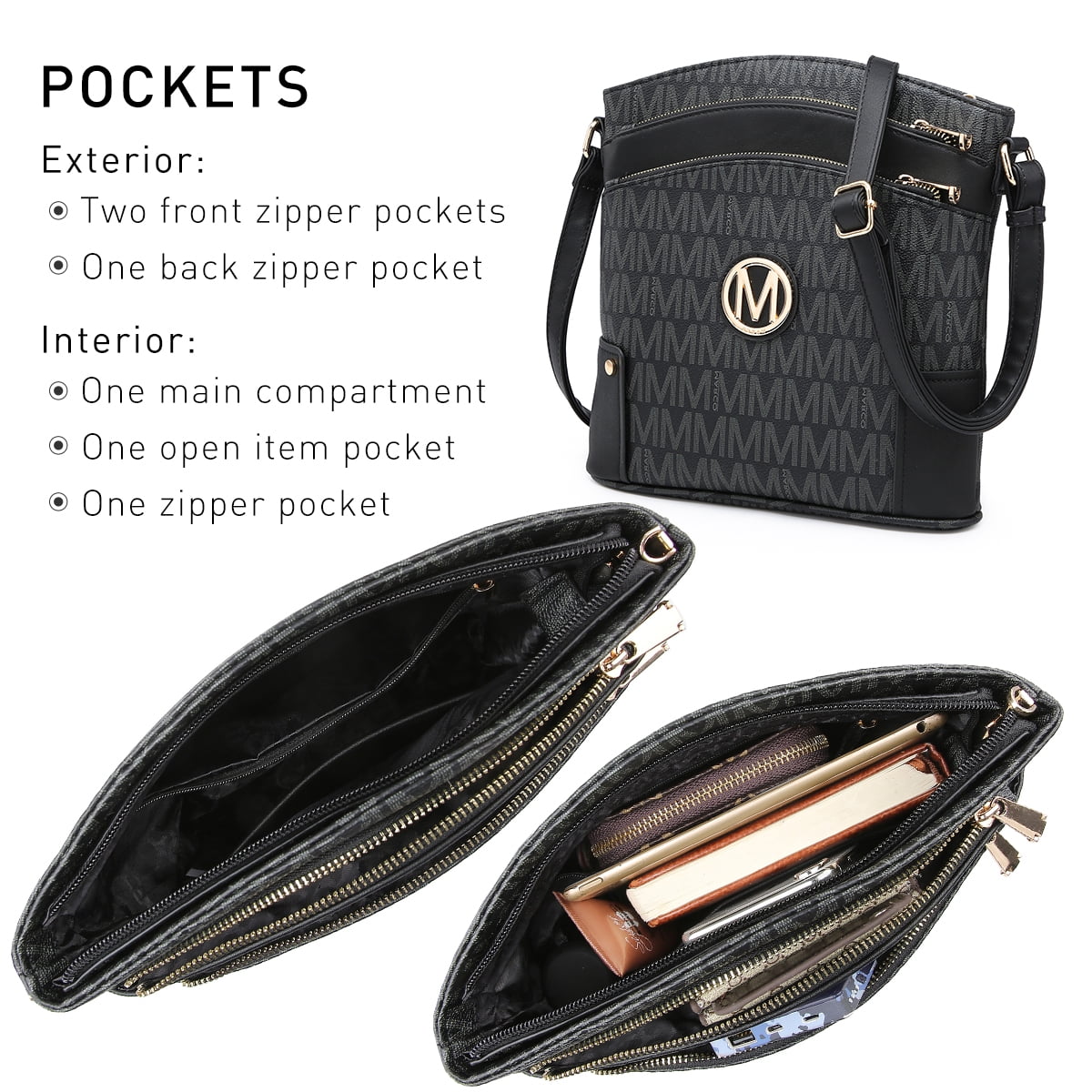 MKP Large Crossbody Bags for Women Triple Zip Pocket
