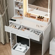Haewon 35 Vanity Desk with Mirror, LED Light, Power Outlet, Makeup Vanity with Storage Cabinet and Foldable Panel, Vanity Set with Cushioned Stool, White