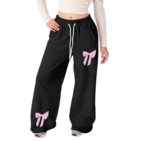 Gelikeya Cute Bow Sweatpants for Girls Oversized Casual Stretch Joggers Y2k Joggers with Pockets Valentines Day Gifts, Black & 6-7 Years