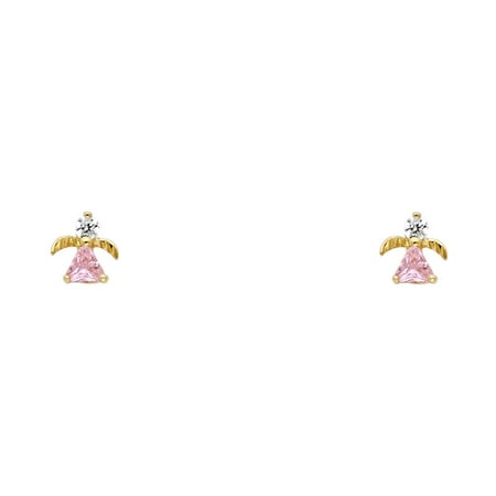 Right Angle Stud - Solid 14K Yellow Gold Pink Cubic Zirconia Angel Stud Earrings Screw-Back