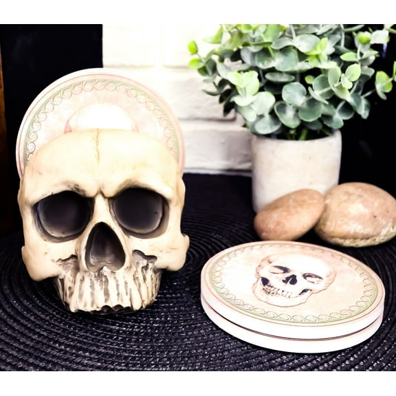 Ebros Gothic Bone Cream Homosapien Half Skull Base Holder With 4 Coasters Set