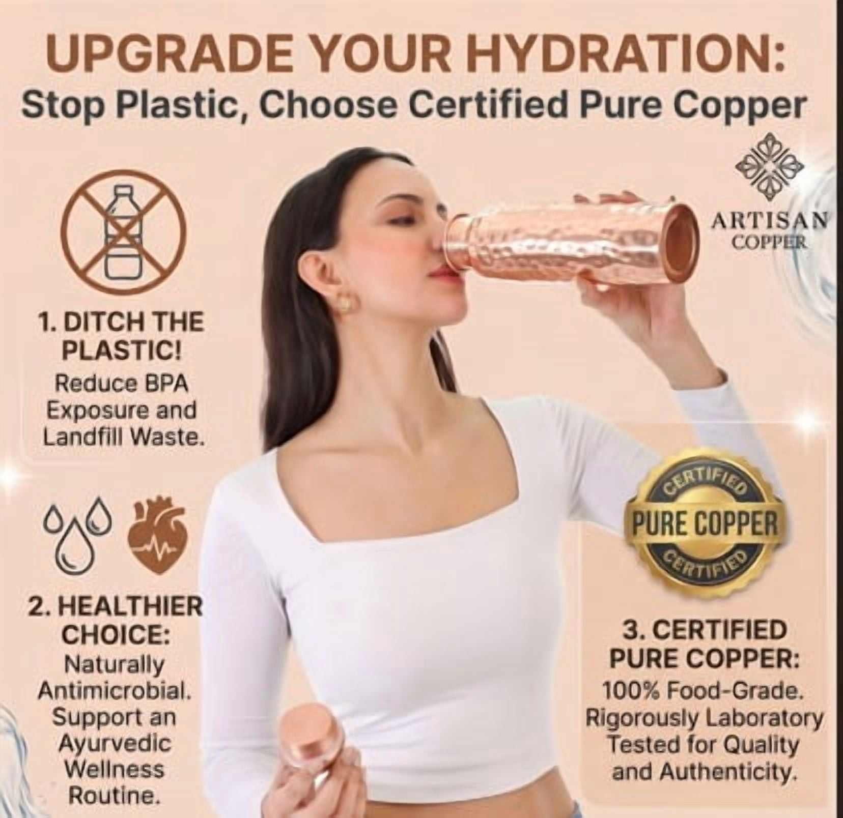 Artisan Copper 100% Pure Copper Water Bottle 32oz, Ayurvedic Drinking Bottle for Women and Men Wide Mouth Design Carrying Canvas Bag