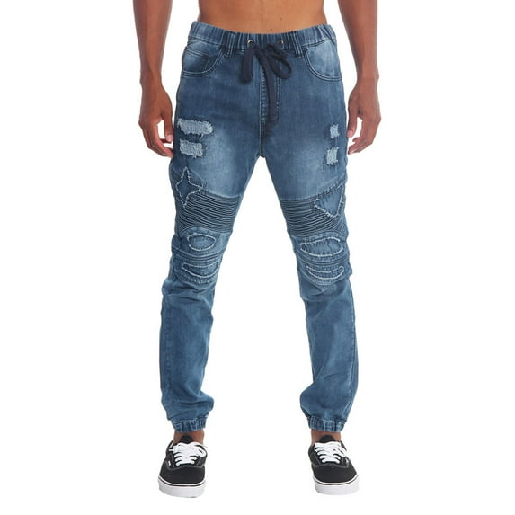 Victorious Men's Biker Denim Jogger Pants JG870 - Indigo - Medium